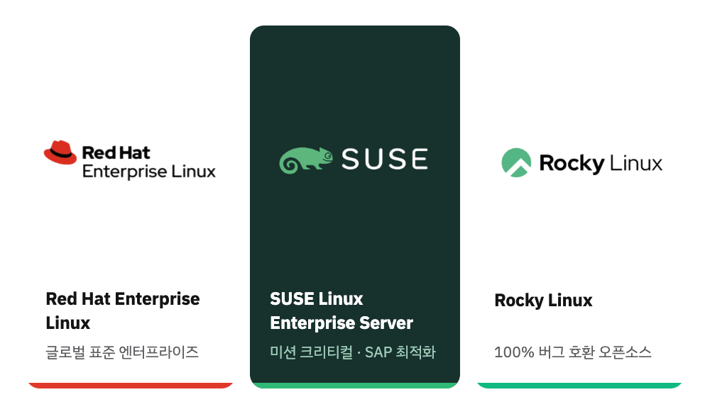 엔터프라이즈 Linux OS 3종 — Red Hat Enterprise Linux, SUSE Linux Enterprise Server, Rocky Linux
